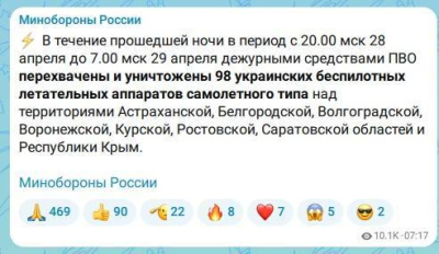 За ночь средства ПВО сбили 98 украинских беспилотников