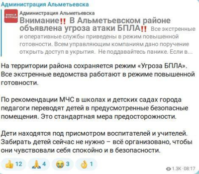 В школах и детсадах Альметьевска эвакуировали детей в укрытия из-за угрозы атаки БПЛА